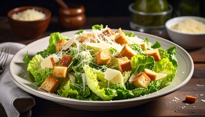 Freshly prepared Caesar salad, featuring crisp croutons, vibrant lettuce, and generous shavings of Parmesan cheese, presented on a light gray plate.