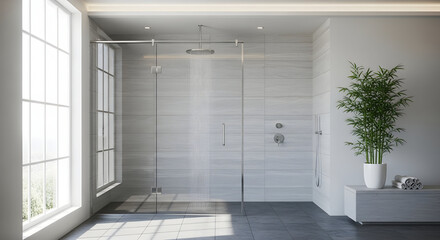 Fototapeta premium Luxurious Bathroom Interior Design with Natural Light and Modern Glass Shower Enclosure