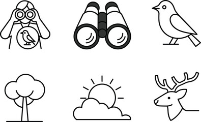 Birdwatching icons, binoculars, bird, tree, deer, cloud, sun, nature observation, wildlife, outdoor, forest, animal, hobby, black and white, line art, vector