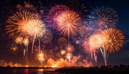 Fireworks display over a body of water at night