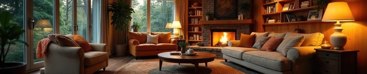 Fototapeta premium Cozy family room, warm lighting, inviting atmosphere, perfect for relaxation and togetherness Comfortable furniture, stylish decor, creates a sense of home , couch, house