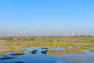 View of Dubai skyline from Ras Al Khor, where urban architecture meets nature. Dubai iconic skyscrapers, including Burj Khalifa, contrast with the peaceful wetlands of Dubai