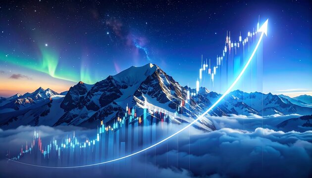 A soaring upward trendline graph overlays a breathtaking vista of snow-capped mountains, illuminated by a vibrant aurora borealis, creating a powerful image of progress and growth.
