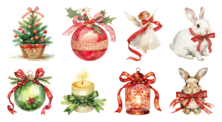 PNG Vintage Christmas decorations illustration, element set on transparent background