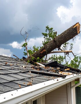 Fallen tree on damaged roof