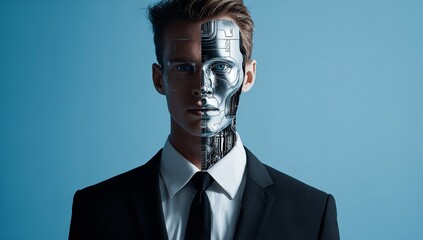 Businessman with half-robot face in suit on blue background symbolizing AI and human technology interaction
