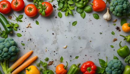 Fresh Vibrant Vegetables and Herbs on Gray Stone Background.A top-down view of assorted fresh vegetables and herbs arranged in a frame on a gray stone surface.