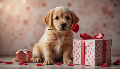 Adorable Golden Retriever Puppy with Rose and Gift, Perfect Valentine's Day Image.A charming golden retriever puppy sits holding a red rose in its mouth, next to a gift box decorated with hearts.