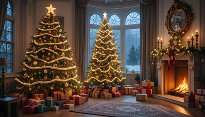 Two Christmas Trees and a Cozy Fireplace in a Grand Home.A festive and inviting scene of two decorated Christmas trees, nestled in a grand, elegantly decorated living room.