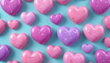 Heart-shaped treats in various shades of pink and purple on a teal background.A vibrant and joyful image showcasing numerous heart-shaped objects in different shades of pink and purple, arranged in a 