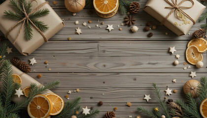Festive Christmas gifts on a rustic wooden background.A top-down view of a rustic wooden surface decorated with Christmas presents, dried orange slices, pine branches, pinecones, and small, decorative
