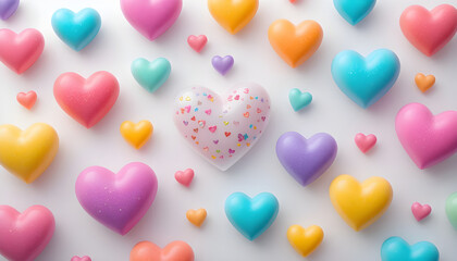 Colorful Heart-Shaped Objects Arranged on a White Background.A vibrant and cheerful composition of various pastel-colored heart shapes, arranged in a pleasing pattern on a clean white background.