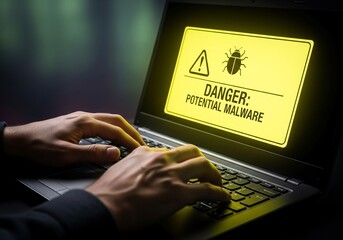 Malware Warning Message on Laptop Screen, Digital Environment, Technology Concept, Close-Up View