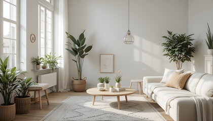 Bright and airy living room with plants and natural light.A stylish, modern living room bathed in natural light.
