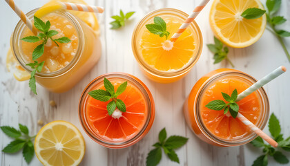 Vibrant Fruit Smoothies in Glass Jars, Perfect for Healthy Living.Freshly blended fruit smoothies in clear glass jars, topped with citrus slices and fresh mint leaves, sit on a white wooden table.