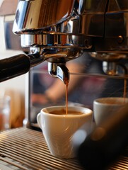 Barista prepares a fresh cup of espresso at a cafe. Rich coffee flows from the machine into a small white cup, showcasing the brewing technique. The atmosphere is lively