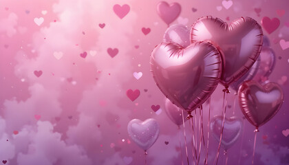 Romantic Heart Balloons in a Soft Pink Valentine's Day Setting.A beautiful, romantic image of heart-shaped balloons in various shades of pink, against a soft, dreamy background of floating hearts.