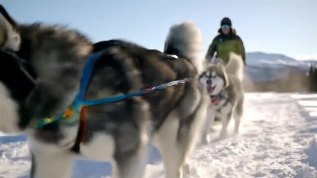 Husky dogs happily pulling a sled through snowy wilderness with mountains in background. concept of winter adventure, teamwork, exhilarating dog sledding experience.
