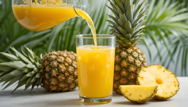 Fresh Pineapple Juice Pouring into a Glass.A close-up image of fresh pineapple juice being poured from a pitcher into a glass, surrounded by whole and sliced pineapples.