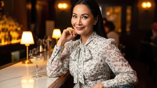 バーのカウンターでカクテルを前に優雅に微笑む50代女性