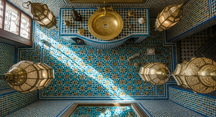 Fototapeta premium Luxurious Design: Interior Perspective of Moroccan Home with Decorative Lighting
