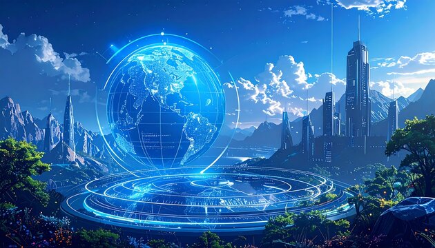 Futuristic digital globe displayed in a futuristic city setting