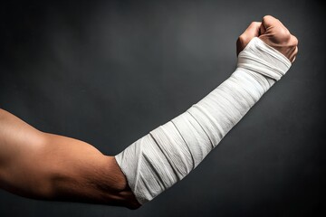 AI-generated image Strong fighter's arm with a bandaged wrist and clenched fist. A concept of combat, sports injury, and resilience.
