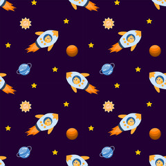 Seamless vector pattern with rockets, astronaut kids, stars and planets in outer space. Cute cartoon space design for children, fabric, wallpaper, wrapping.
