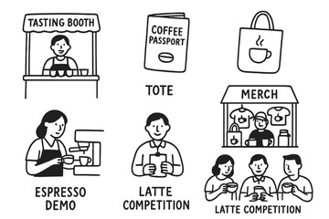 Coffee Festival Doodles. Coffee festival: hand drawn doodles of tasting booth, coffee passport, tote bag, espresso demo, merch