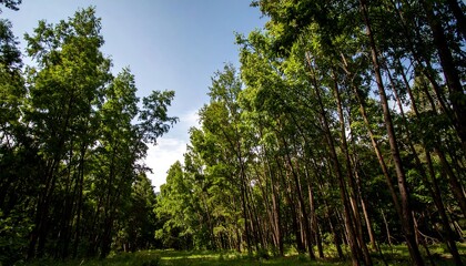 Lush forest canopy, sunlight filtering through trees