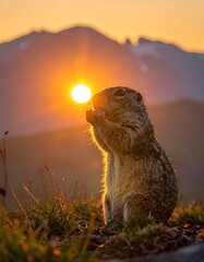 A ground squirrel gazes at the setting sun, bathed in warm golden light, in a serene mountain landscape.