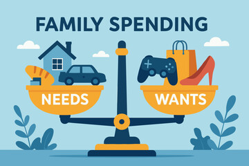 Needs vs Wants Balance. Commercial banner showing financial balance scale comparing “needs” and “wants” in family spending.
