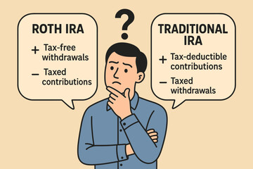 IRA Decision-Making Dilemma. Vector illustration of working adult deciding between Roth IRA and traditional IRA with pros and cons