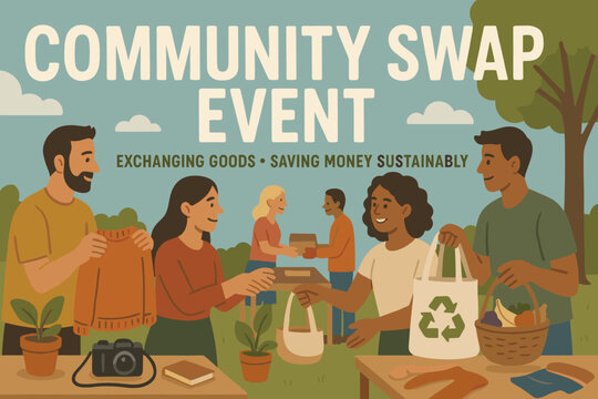 Community Swap Event. Banner showing community swap event — people exchanging goods and saving money sustainably.