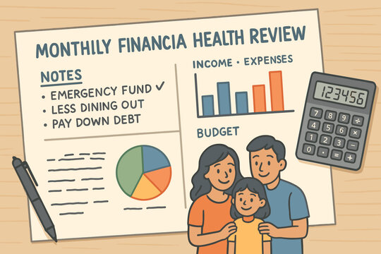 Financial Health Overview. Horizontal layout of monthly financial health review with notes, charts, calculator and happy family.