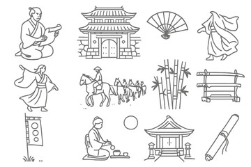 Fototapeta premium Historical Manga Icons. Line style icons of historical manga: samurai with scroll, old town gate, traditional fan, kimono flutter;