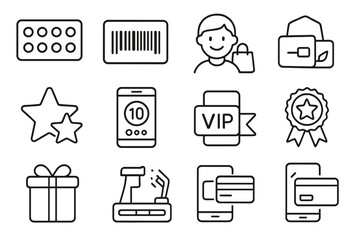 Loyalty Card Icons. Line style icons of loyalty card deals: punch card, barcode membership, smiling shopper icon, wallet with card