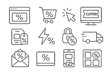 Discount Themed Icons. Line style icons of online store discounts: browser window with promo, shopping cart and percent, mouse