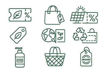 Eco-Friendly Coupon Icons. Line style icons of eco-friendly coupons: leaf and percent icon, reusable bag with tag, solar panel