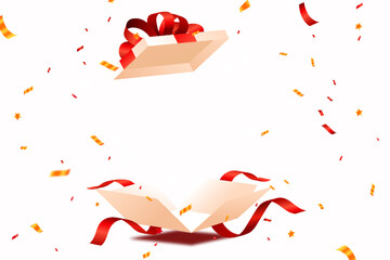Empty red open gift box yellow ribbon, with discount voucher, coins and gifts. promotions, sales, special offers and e-commerce transactions. 3d vector