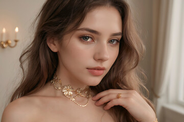 Portrait of a beautiful young woman with set jewelry. Lovely girl with wavy hair in delicate necklace with ring and a bracelet made in a floral style. Beauty and accessories.