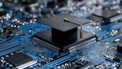 Digital graduation cap on electronic circuit board, symbolizing the fusion of education and technology
