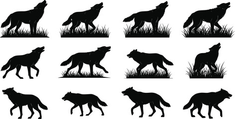 Howling wolf silhouettes collection, black wild animal vector, forest wildlife, predator animal illustration, nature pack icons, grass background design