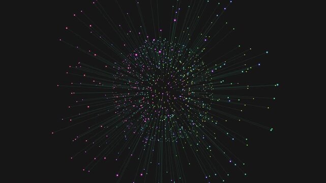 Vibrant colored dots form a symmetrical pattern on a black background in this intriguing image. Brightness variations add depth, creating a visually appealing but cryptic design