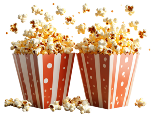 ]Twin Popcorn Boxes with Flying Kernels and Wood Texture Base, Transparent Background