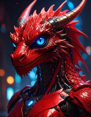 Naklejka premium A striking, close-up depiction of a magnificent red dragon, featuring intricate mechanical armor and vibrant blue eyes, set against a backdrop of glowing lights.