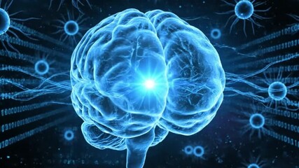 Glowing human brain with neural connections and binary code for artificial intelligence - Powered by Adobe