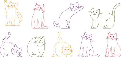 Flat vector illustration of colorful cats in playful poses, minimalistic line art style, cute feline pets, digital animal drawings for design projects