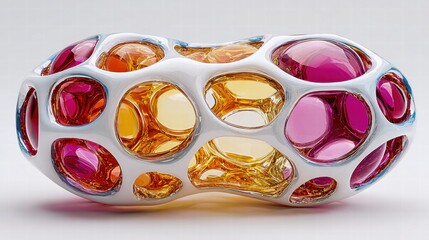 A beautiful glass sculpture with a unique, colorful, and abstract design on a white background.