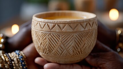 african-american unity ceremony, an intimate portrayal of an african-american family passing a carved unity cup, capturing the pouring of liquid and intricate details in warm candlelight a perfect